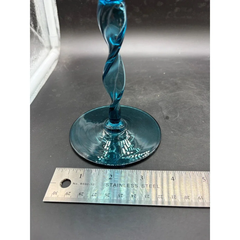 Vintage Teal Blue Twisted Stem Glass Coupe Champagne Cocktail Mid Century Modern